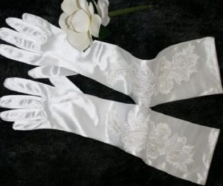 Long Satin Gloves with Pearls -  Above Elbow - White